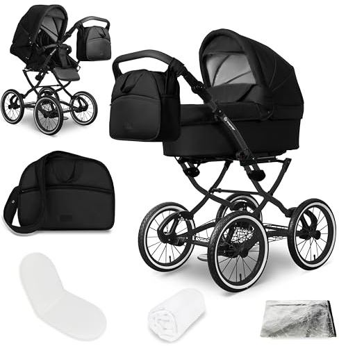 Bergsteiger Venedig Nostalgie Kombikinderwagen 2-in-1 Babywanne | Komfortabler Buggy ab Geburt bis 22 kg mit 14 Zoll Luftreifen Rahmenfederung verstellbarem Griff und Wickeltasche