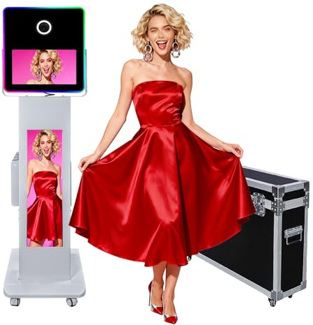 DSLR Photo Booth 15,6 Zoll Touchscreen, Kamera Selfie Photobooth mit 29 Zoll LCD-Bar-Bildschirm, APP-Steuerung LED-Ringlicht, Photobooth mit Flight Case für Event Verleih Hochzeit Party (Photo Booth