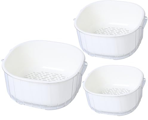 HOODANCOS Juego de 3 Cestas para Escurrir Frutas y Verduras de Cocina Doble Capa Color Blanco Tamaño Pequeño Mediano y Grande Utensilios de Cocina para Lavado y Drenaje