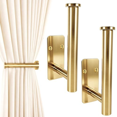 YUFFQOPC 2Pcs Curtain Holdbacks, L Shaped Curtain Tie Backs Self Adhesive or Drill, Stainless Steel Tie Backs for Curtains or Items(Gold)
