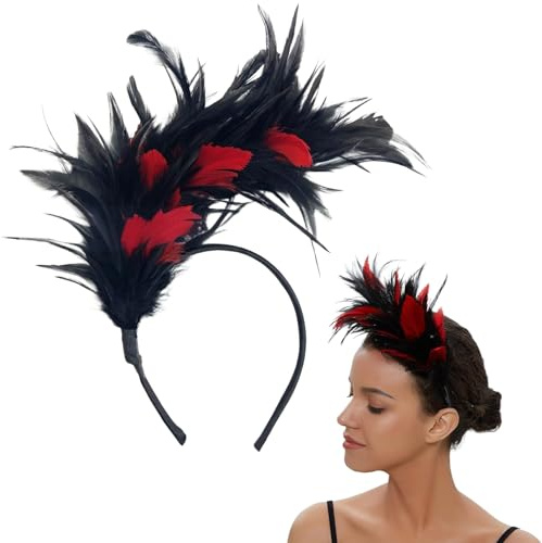 Kopfschmuck Karneval Damen,Feder Kopfschmuck,Fascinator Haarreif 1920er,Stirnband mit Haarschmuck,Federstirnband Rot Schwarz,für Kostüm Accessoires Cosplay Maskerade