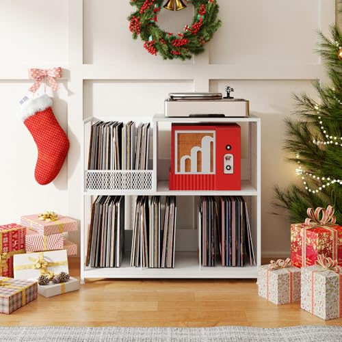 GOPLUS Meuble Platine Vinyle 3 Niveaux pour 300 Albums, 83 x 36 x 76,5 CM, Support de Tourne-disques avec3 Séparateur Amovible et Structure Métallique, Étagère Rangement pour Vinyle pour Salon, Studio