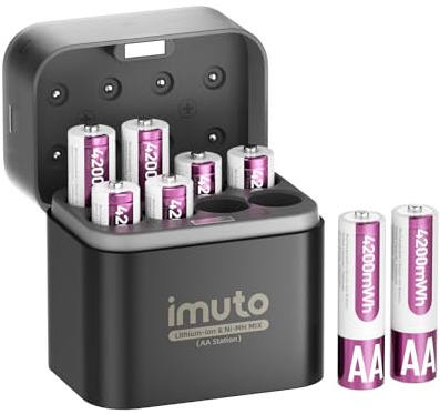 Juego de 8 pilas AA de litio de 1,5 V, recargables con cargador, 4200 mWh | Pilas AA de litio recargables de 1,5 V con 4200 mWh, hasta 2500 ciclos, incluye cargador universal para iones de litio y NiMH