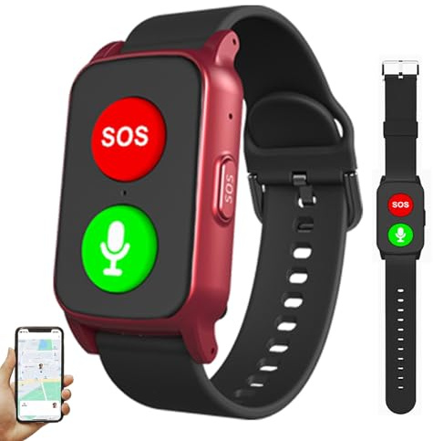 ZHZWwansuGE Montre Connectée 4G, avec Détection des Chutes, Bouton SOS, Géolocalisation GPS, Longue Autonomie, Suivi en Temps Réel, Étanche, Bracelet Connecté pour Seniors. Red