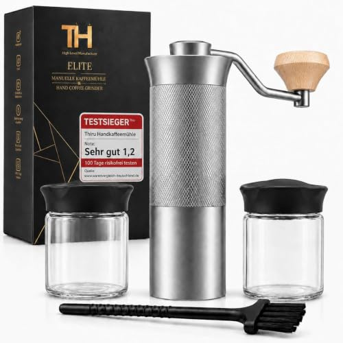 Thiru Handkaffeemühle manuell, Testsieger 2026*, Edelstahl-Kegelmahlwerk mit 60 Mahlgraden & Doppellager – Espresso mit Crema, Filterkaffee & French Press, Holzgriff & 2 Glasbehälter (Eichengriff)