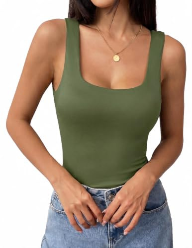 Zeagoo Camiseta Tirantes Mujer sin Mangas Camisetas Verano Cuello Cuadrado Top Sólido Básica Camiseta Ajustado Elástico Tank Top Verde S