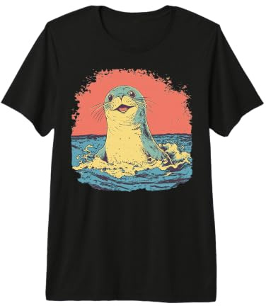 Happy Seal Surfing Waves Vintage Ocean Life Graphic Premium T-Shirt