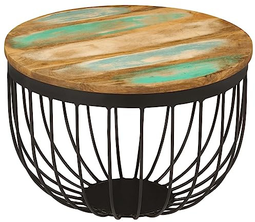 Kaorsrow Table basse ronde Ø 50 x 35 cm en bois vieilli massif et panier en acier