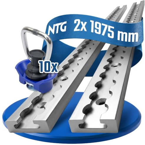 NTG Airlineschiene 2 STK 2m eckig Alu mit 10x Kunststofffitting - TÜV | zertifiziert Silber eloxiert gebohrt 1975mm - Aluschiene LKW Transporter - Ladungssicherung Sparset Kfz Anhänger
