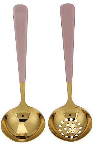 2 Stück Suppenkelle und geschlitzte Löffel, Edelstahl Kochgeschirr Utensil Langgriff Suppenlöffel(Rotgold)