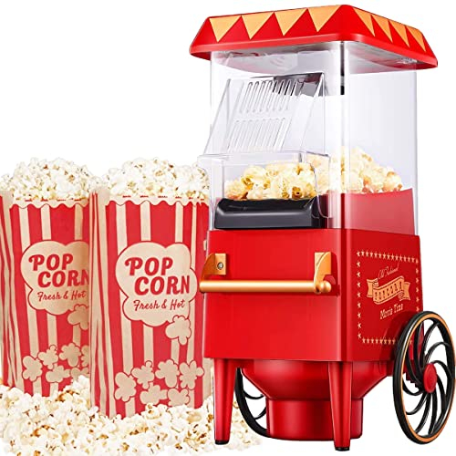 Almineez Retro Carnival Popcorn Maker – Red 1200W Electric Fairground Popcorn Machine with Hot Air Circulation Popcorn Popper - for Fat-Free and Healthy Snacking - Perfect for Home Cinema With 6 Bags