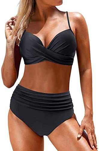 Yutdeng Swimwear Damen Zweiteiliger Badeanzug mit Bügel Crossover Bademode Push-up Bikinioberteil mit Schultergurt Wickel Hohe Taille Bikinihose Bedruckter Plissee-Bikini Set