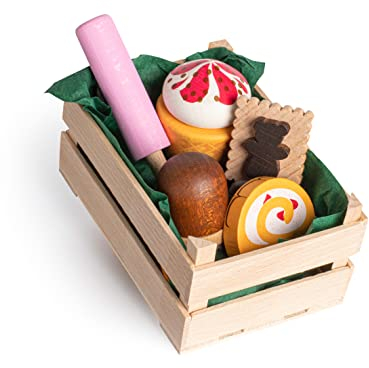 Erzi 28138 Sortiment Süßwaren, klein aus Holz, Kaufladenartikel für Kinder, Rollenspiele