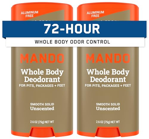 Mando Whole Body Deodorant For Men - Smooth Solid Stick - 72 Hour Odor Control - Aluminum Free, Baking Soda Free, Skin Safe - 2.6 Ounce (Pack of 2) - Unscented