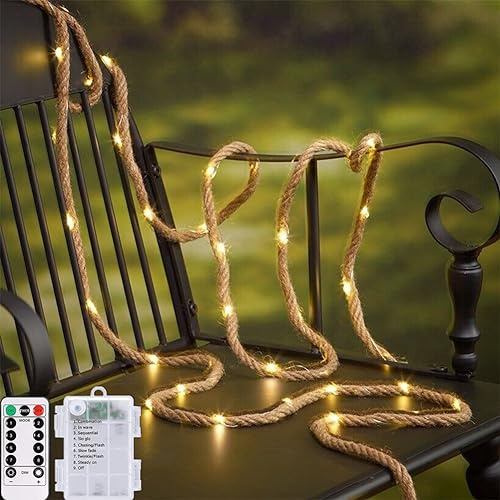 Jute Seil 2M 6mm 40 LEDs Batteriebetrieben 8 Modi mit Fernbedienung für Gartenarbeit Camping Wickeln Kunst Jute Schnur Dekorationen für Weihnachten und Hochzeit