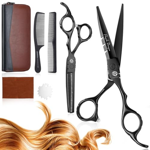Purple Dragon Set di forbici da parrucchiere da 6 pollici, nero (forbici per capelli e forbici per sfoltire) con 2 pettini, barba, modellatura, cura per uomini, donne, famiglia, barbiere, parrucchiere