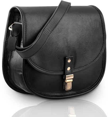 URBAN LÄDER sadel axel crossbody väskor för kvinnor, vintage handgjord äkta läderväska handväskor, sling cross-body sadelväska handväska, 25,4 cm, svart, Svart