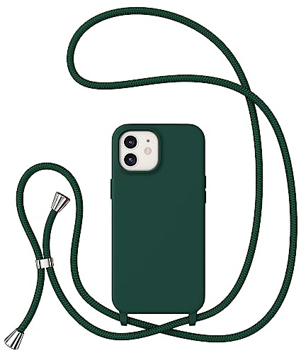 ZTOFERA Crossbody Lanyard Case for iPhone 12/12 Pro (6.1), Liquid Silicone Protective Phone Case with Strap Adjustable Neck Cord Necklace Soft Cover, Dark Green