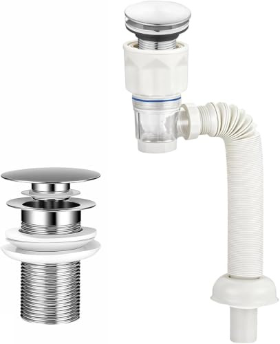 Dexpally Kits Desague Lavabo,Sifón Lavabo Flexible Kits Acero Inoxidable, Tubo Extensible 300-1000 mm con Tapón Emergente, Desagüe Antiolor, 1 1/2’’ - Baño y Cocina.(Blanco)