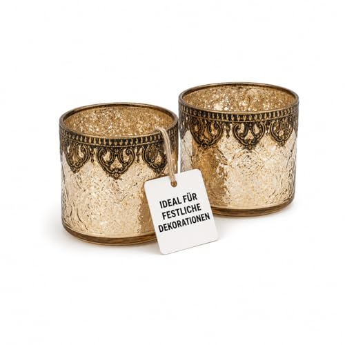 Jinfa Set da 2 Portacandele decorativi vasetti per candele vetro | Cilindrico ORO | Ø10cm, h9cm