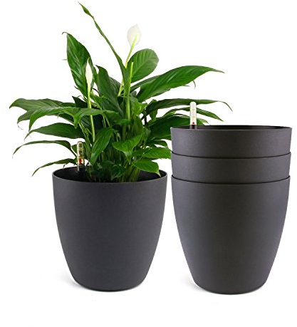 T4U 4 Pcs Pot à Réserve d'eau Rond en Plastique Noir 22 cm, Pot de Fleurs d’Extérieur et d'Intérieur avec Indicateur de Niveau d'eau Convient aux Jardins de Balcon