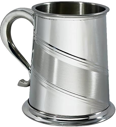 I LUV LTD Étain Chope 1 Pinte avec Bande de Satin Diagonale Doublée Poignée de Cygne Pur Lourd Jauge Bière Chope Possibilité de Gravure Cadeaux Personnalisés pour Hommes et Femmes