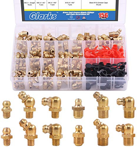 Glarks 156-teiliges metrisches & SAE-gerades und 45 Grad und 90 Grad hydraulisches Schmierfett, Messing, mit 60 M6 M10-Kappen
