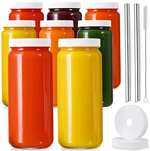 [ 8 Pack ] Glass Juicing Bottles with 2 Straws & 2 Lids w Hole- 16 OZ Travel Drinking Jars, Water Cups with White Airtight Lids, Reusable Tall Mason Jar for Juice, Bubble Tea, Smoothie, Tea, Kombucha