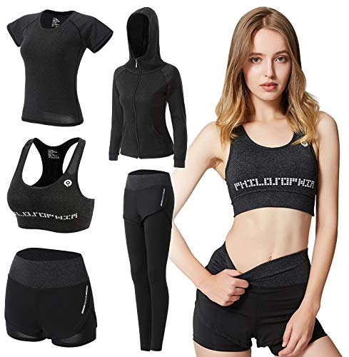 ODWTMRK Damen Sport Set - 5er Trainingsanzug für Joggen, Yoga, Gym & Fitness (Schwarz-B,M)