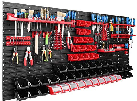 Système de rangement mural pour atelier et garage 172 x 78 cm Avec 56 boîtes empilables et supports d’outils Panneau porte-outil perforé ultra solide