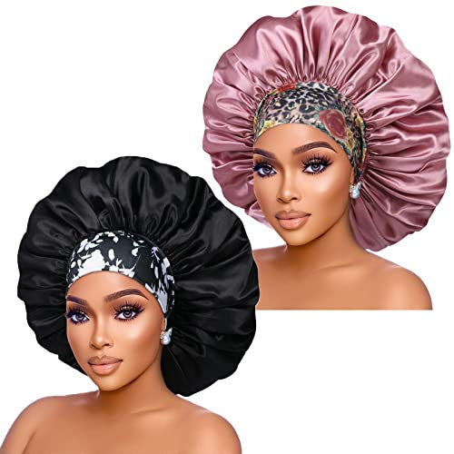 Silk Satin Bonnet Hair Cap: 2pcs 17inch Diameter Extra Large Jumbo Sleeping Satin Bonnets With Comfortable Flower Band - High Density Satin Bonnets For Women Braids Curly Night Cap (Black & RoseGold)