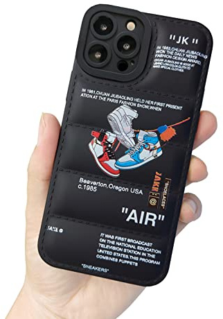 Ins Off Sports Shoes Brand Puffer Phone Case Puffy Cover Compatible with iPhone 13 Pro Max 6.7 inches, Sneakers White Label Graphics Soft Silicone Full Body Shockproof Protective Phone Case, Black