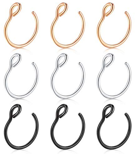 D.Bella Fake Nose Ring, 20G Faux Piercing Jewelry 8mm Fake Nose Ring Hoop for Faux Lip Septum Nose Ring Set
