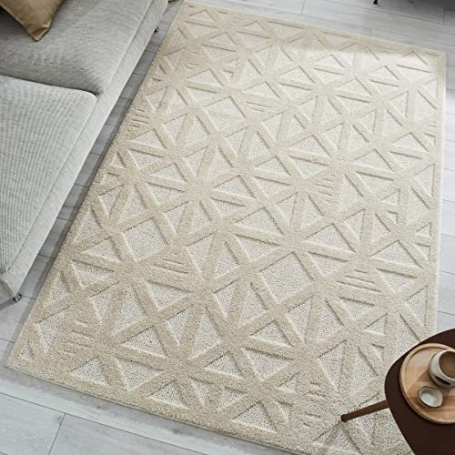 Nazar - Alfombra de salón Harmony, alfombra de dormitorio, alfombra suave, alfombra beige, alfombra geométrica, alfombra blanca, alfombra de pasillo, aspecto lana rizada (913 crema, 120 x 170 cm)