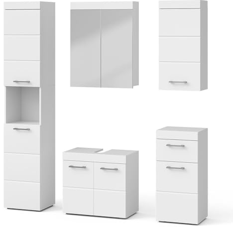 Vicco Badmöbel-Set Luna, Weiß, 60 cm, besteht aus Waschbeckenunterschrank, Spiegelschrank, Hochschrank, Midischrank und Hängeschrank