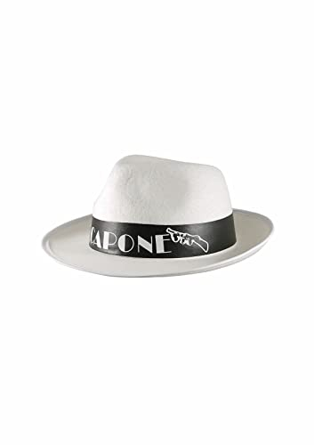 FAIRY BOUTIQUE Unisex Alcapone Print Weiß Gangstar Fedora Hut Erwachsene Fancy Club Thema Party Hut Zubehör