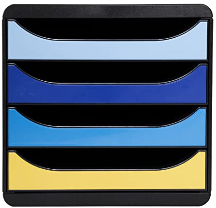 Exacompta 3104202D Ablagebox BeeBlue aus Recycling-Kunststoff mit 4 Schubladen für DIN A+ Dokumente. Belastbare Schubladenbox für mehr Platz auf dem Schreibtisch. Big Box Blauer Engel