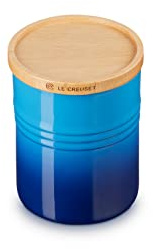 LE CREUSET Bote de almacenaje mediano de cerámica de gres con tapa de madera, Cerámica de gres, 540 ml, 10 cm, Azure, 60825542200099