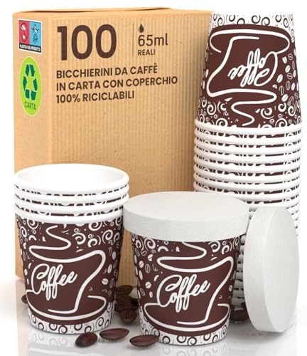 100 Bicchierini in Carta per caffè 65ml ASPORTO BrownCUP con COPERCHIO in carta Bicchieri Ecologici Biodegradabili Monouso Piccoli Asporto Bevande Calde + 100 coperchi