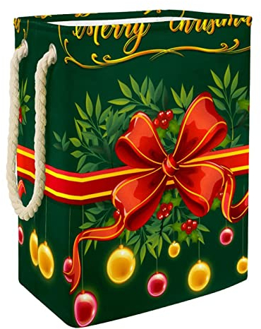 Wäschekorb mit Weihnachtskugeln und grünem Hintergrund, groß, personalisierbar, mit Griffen, Aufbewahrung von Kleidung im Schlafzimmer, Badezimmer, Wohnheim