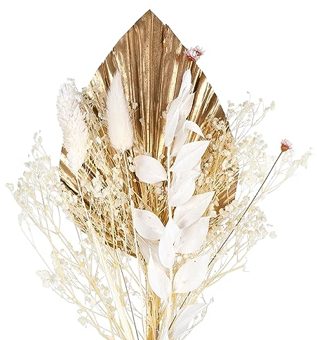 Ramo de Flores Secas con Hojas de Palma Secas Flores Secas Deco Hojas de Palmeras Secas Naturales Plantas Secas Hogar Deco para Decoración de Habitaciones de Tartas Interior (Oro)