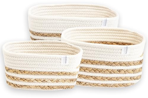 NORDIS DESIGN Lot de 3 paniers de rangement en jacinthe d'eau et coton - Panier de rangement tressé pour salle de bain - Blanc naturel - Tourbillon
