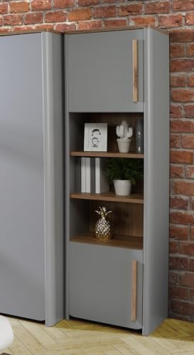 Forte SURFINIO Bücherregal 60, Bücherregal L 2, Standregal, Büro, Wohnzimmer, Schlafzimmer, Jugendzimmer, Holzwerkstoff, Grau/Catania Eiche Holzdekor, 58,6 cm breit x 194,3 cm hoch x 41,3 cm tief