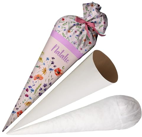 Schultüte Mädchen Blumen vom Feld Personalisierte Tüte aus Stoff 70 cm Zuckertüte mit Namen runde Papprohling und Füllung aus Silikonkügelchen große Tüte als Kissen