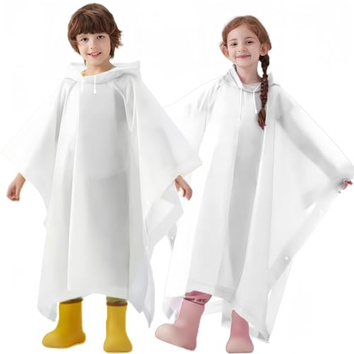 Gerhannery 2 Pack Kids Raincoats, Reusable Waterproof Clear Rain Poncho EVA With Hood and Buttons for Girls Boys, Lightweight Children Rain Cape for School Travel Outdoor