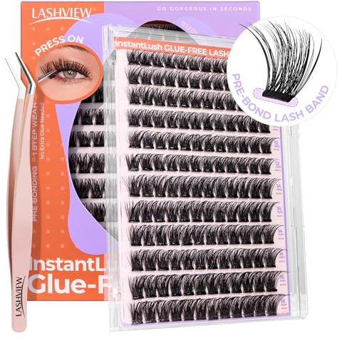 LASHVIEW Self Adhesive Lash Clusters Eyelashes,Press-on Lashes 10-16mm Individual Lash Extension Kit with Lash Tweezers,No Glue Needed Natural Self Adhesive N23 120Pcs