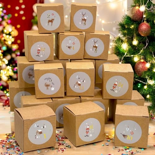 MIJOMA Adventskalender zum Befüllen Selbstbefüllen 24 Schachteln mit Zahlenaufklebern, DIY Adventskalender zum Basteln, 5x5x5cm, naturfarben braun