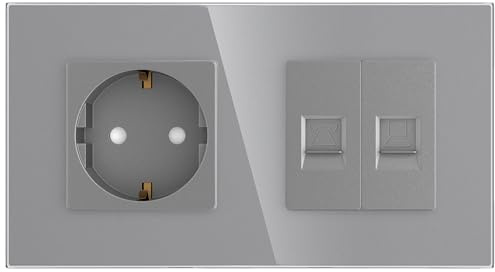 PULSAR LAN-/Telefon-/Schuko-Steckdose Grau Glas 2 Fach Unterputz Cat 5e | Netzwerkdose/Telefondose/Steckdose Grau Glas 2 Fach, Cat5e LAN Datendose Unterputz, Wandsteckdose/Ethernet- und Telefon Dose