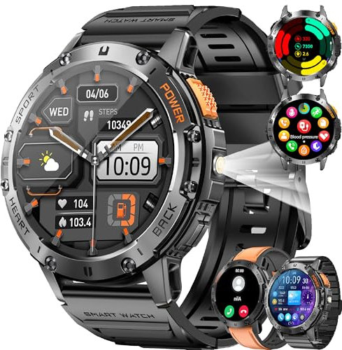 BKOHJAJI Smart Watch for Men 530mAh Battery/1.43″ AMOLED Display Fitness Watch with LED Flashlight/Bluetooth Call/IP68 Waterproof Smart Watch, 123+ Sports Modes, Heart Rate Monitor for Android & iOS