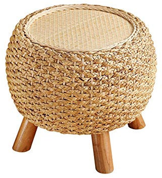 Fußhocker, runder Fußhocker, Schuhwechselhocker, Holzbeine, gepolsterte Fußstütze, Rattan-Ankleide- und Schminkhocker, Flur, Wohnzimmer, Korb-Pouf